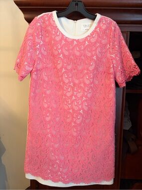 Bright Coral Lace Mini Dress with White Lining
